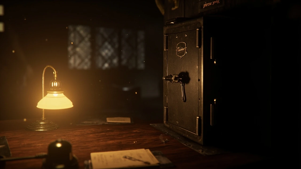 A dimly lit stars office from RE9 with a wall safe for the re9 stars office code